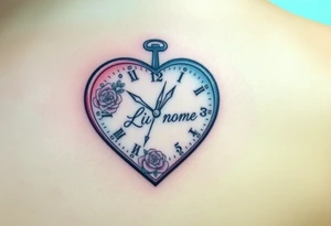 A heart-shaped clock with soft pastel pink and blue tones, featuring delicate floral engravings, with the child’s name scripted across the center tattoo idea
