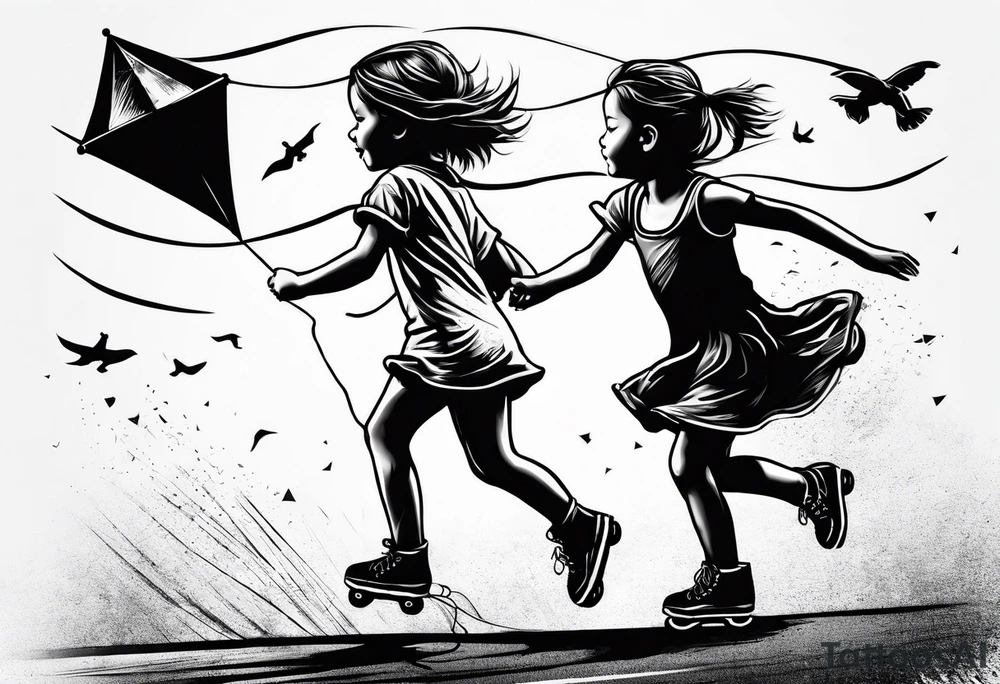 a little girl running with a kite and a teddy bear on roller skates following her with the words "Go Fly A Kite" tattoo idea