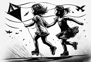 a little girl running with a kite and a teddy bear on roller skates following her with the words "Go Fly A Kite" tattoo idea