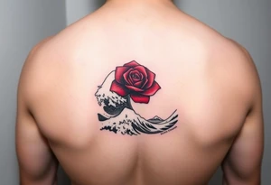 Deltoid tattoo of a beautiful red rose in the middle surrounded by the Great Wave off Kanagawa in black and white. tattoo idea