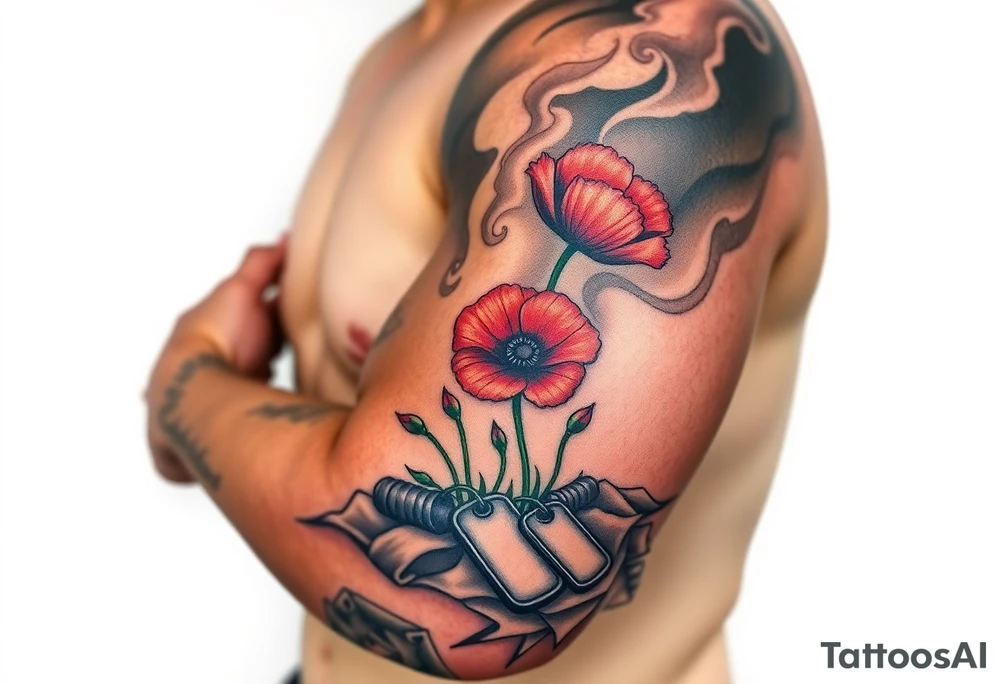 War zone with 2 poppy’s growing out of the smoke with dog tags laying on the ground tattoo idea