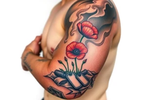 War zone with 2 poppy’s growing out of the smoke with dog tags laying on the ground tattoo idea