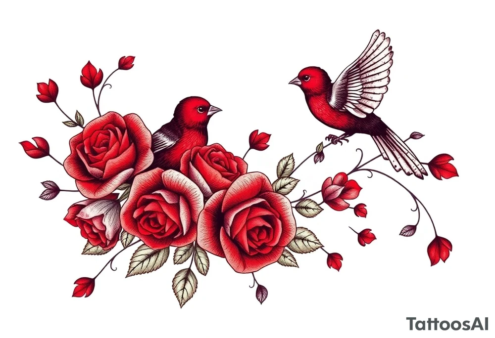 Vintage lace, red roses, red birds, vintage, wrap around, tighter together, no space open tattoo idea