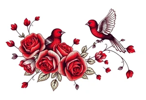 Vintage lace, red roses, red birds, vintage, wrap around, tighter together, no space open tattoo idea