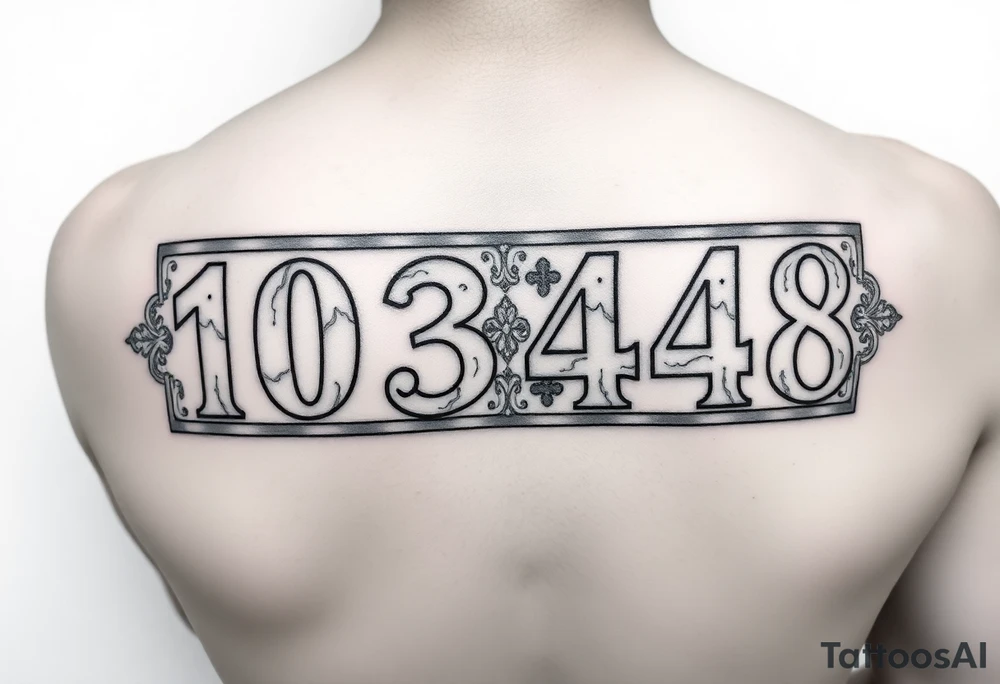 I want to use the numbers 10348 done in the style of New Orleans street tiles and also using the same color scheme.  I would like it to be rectangle
In shape and match the style and feel
OfNew Orleans street tiles. tattoo idea