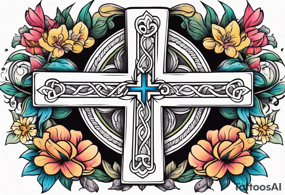 plain cross surrounded 
 with flowers and twisted around cross
 colorful tattoo idea