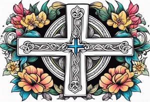 plain cross surrounded 
 with flowers and twisted around cross
 colorful tattoo idea