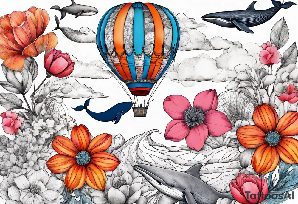 flowers, bold color, collage, pink, orange, red, hot air balloon, blue whale tattoo idea