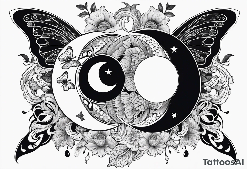 sun and moon with ying and yang symbol , coi fish & butterflies tattoo idea