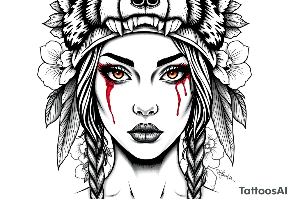 Symmetrical Beautiful Woman, looking forward, with colored eyes, shedding a tear, with battle scars and blood on face, with soft look, wearing a mean looking bear headdress on head, with flower background tattoo idea