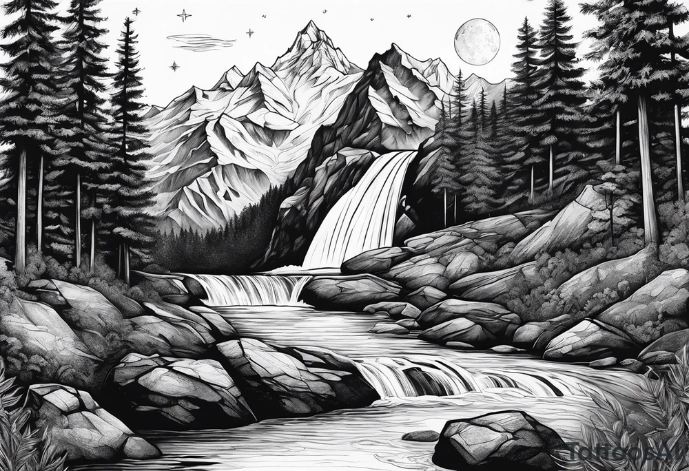 mountains, nature, stars, cross, waterfall, water tattoo idea