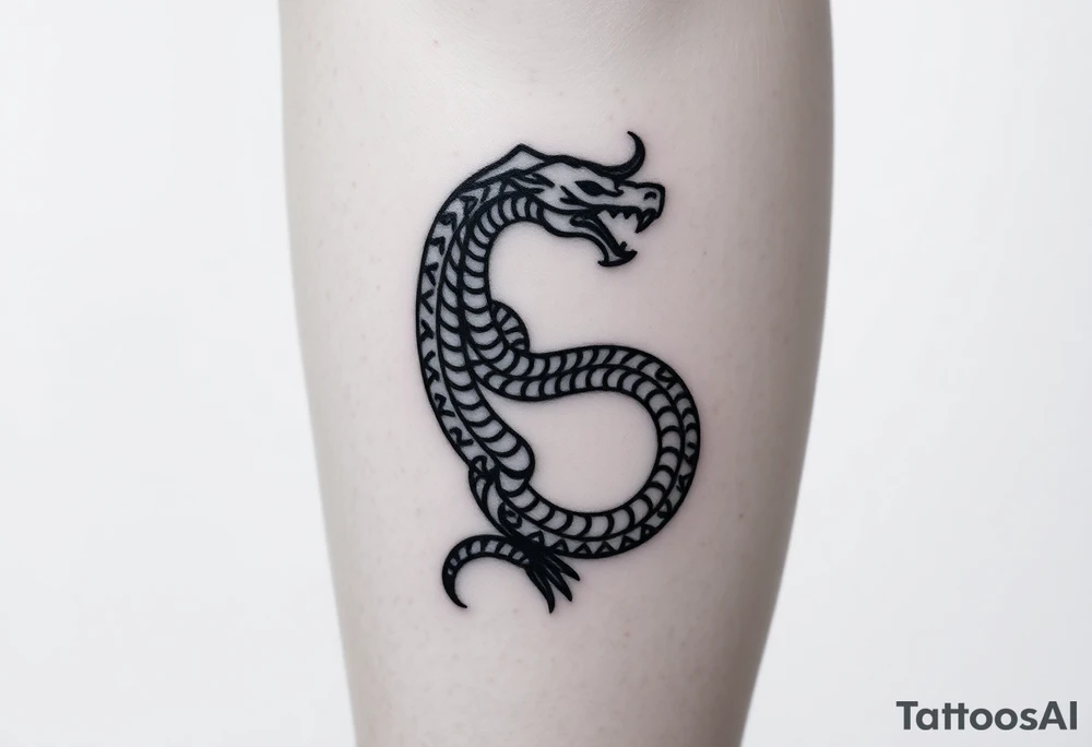Ouroborous or dragon/serpent/snake eating its own tail in a figure 8 in negative space with geometric patterns on a leg tattoo design tattoo idea