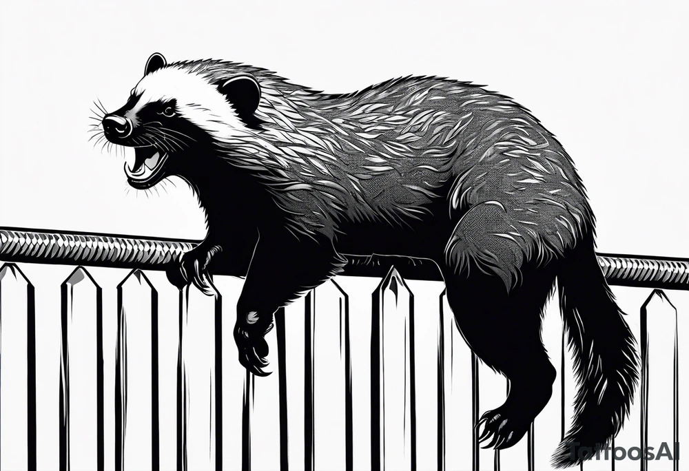 honey badger climbing up/over, claws near face, behind, on its back legs, looking over fence, full body, top view tattoo idea