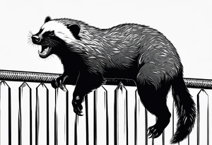 honey badger climbing up/over, claws near face, behind, on its back legs, looking over fence, full body, top view tattoo idea