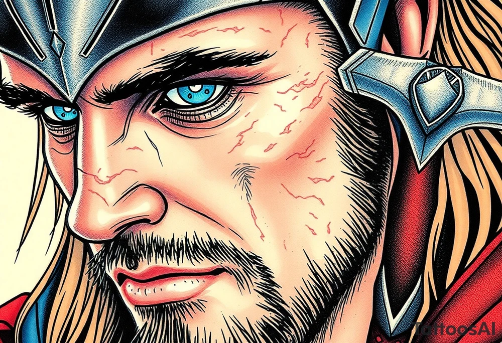 A close-up of Thor’s face from Endgame, with battle scars, glowing blue eyes, and Stormbreaker raised, in hyper-realistic shades of blue, silver, and deep red. tattoo idea