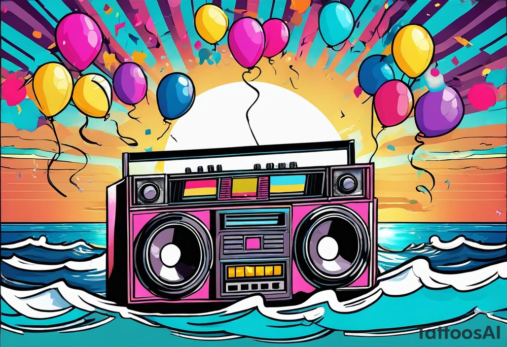 1980's style big boom box mith confetti, balloons and music notes against miami vice style beach background tattoo idea