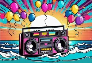 1980's style big boom box mith confetti, balloons and music notes against miami vice style beach background tattoo idea
