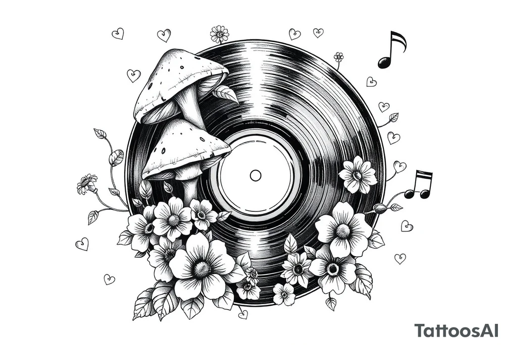 vinyl record with mushrooms, flowers, hearts, and music notes tattoo idea
