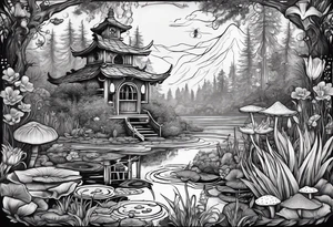 A swamp that has a mermaid in the middle with cypress trees, mushrooms, wild flowers, lily pads, frogs, and bugs all around. tattoo idea