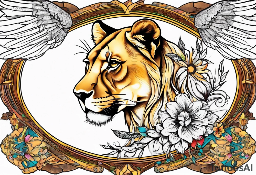 Lioness with wings clock tattoo idea