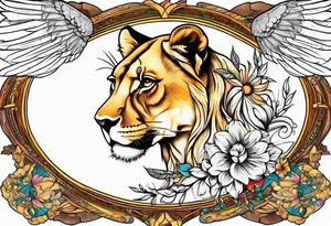 Lioness with wings clock tattoo idea