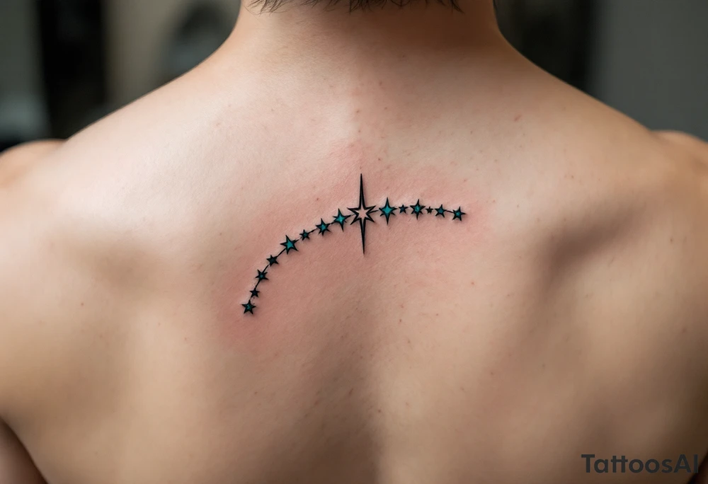 A minimalist Virgo sign in burnt sienna is followed by a sweeping arc of teal stars forming the constellation. tattoo idea