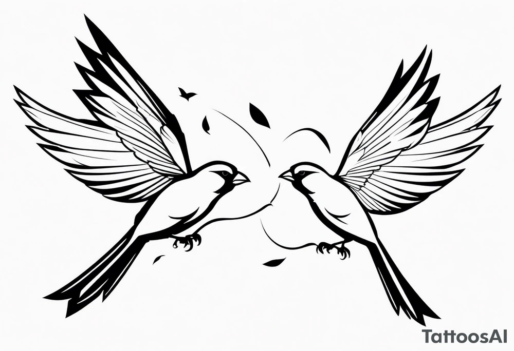 two cardinal birds flying facing eachother one high and one low looking up at the other 
fine line with some shading tattoo idea