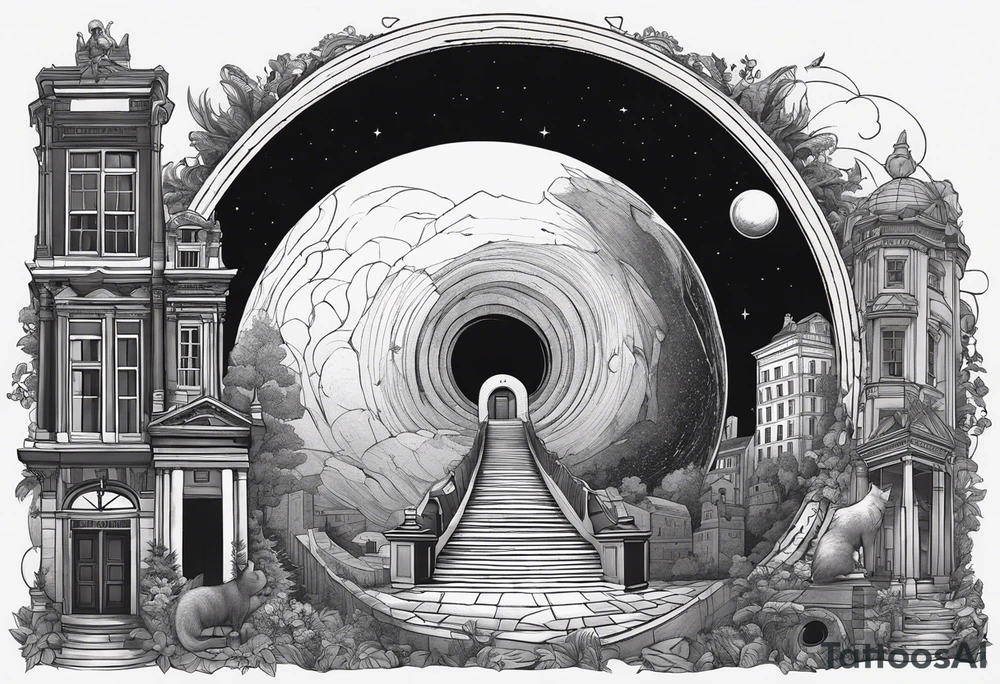 a black hole centered, with historical buildings surrounding it in chronological order, with schrodinger's cat depicted as sisyphus pushing a boulder tattoo idea