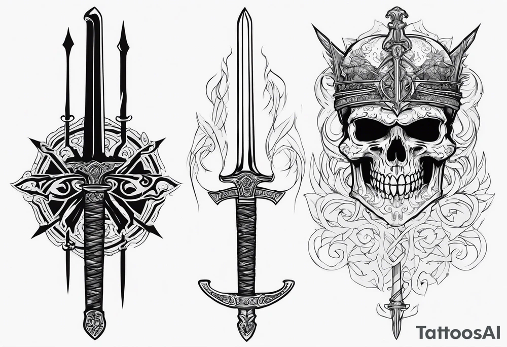 Two swords on left hand. Bottom sidr of sword  number 13 will be written. On upside madmax skulls tattoo idea