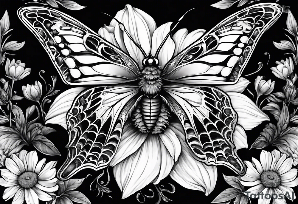 Spider in the shape of a butterfly with daisy's marigolds sweet peas and daisy's around it tattoo idea