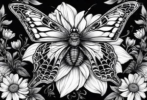 Spider in the shape of a butterfly with daisy's marigolds sweet peas and daisy's around it tattoo idea