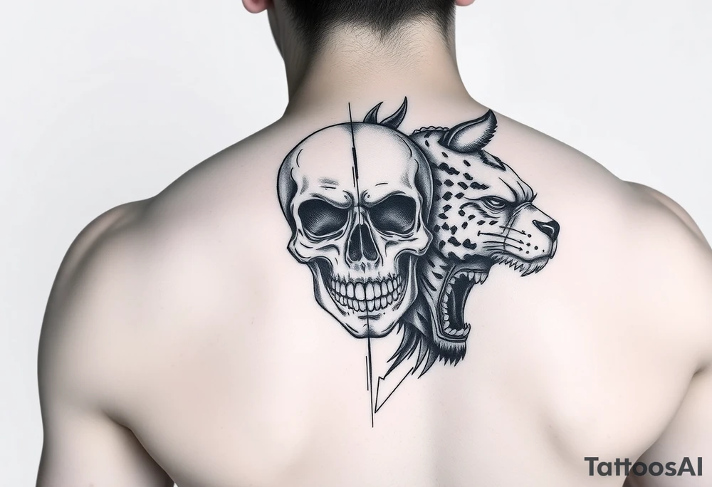 Diseño dividido: mitad rostro humano, mitad calavera, o mitad animal. tattoo idea