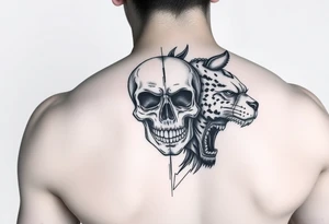 Diseño dividido: mitad rostro humano, mitad calavera, o mitad animal. tattoo idea