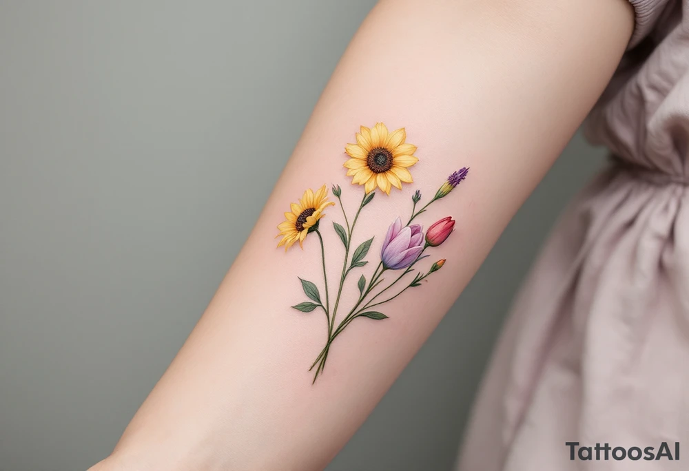 Small yellow sunflowers and simple stargazer Lilly in pale pink and pale purple tulip buds in a dainty wildflower bouquet with light green stems. No outlines on the flowers. Include feminine stem lines. tattoo idea