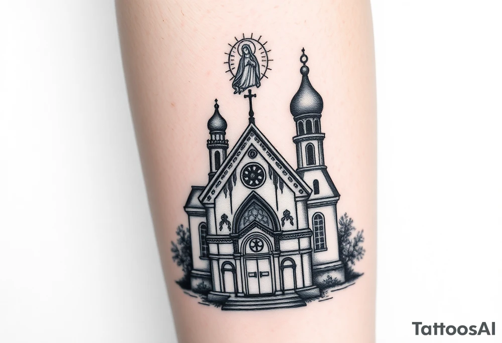 in a dorsal view a detailed orthodox church with a band at the front shrouded with a mist above and fading into a virgin mary overlooking above at the top tattoo idea