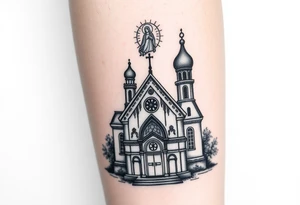in a dorsal view a detailed orthodox church with a band at the front shrouded with a mist above and fading into a virgin mary overlooking above at the top tattoo idea