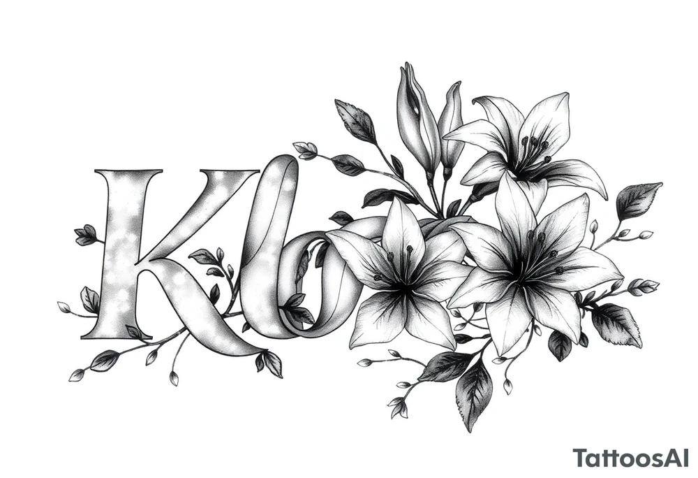 The word Kloee surrounded by big
lilies with the vines in letters tattoo idea