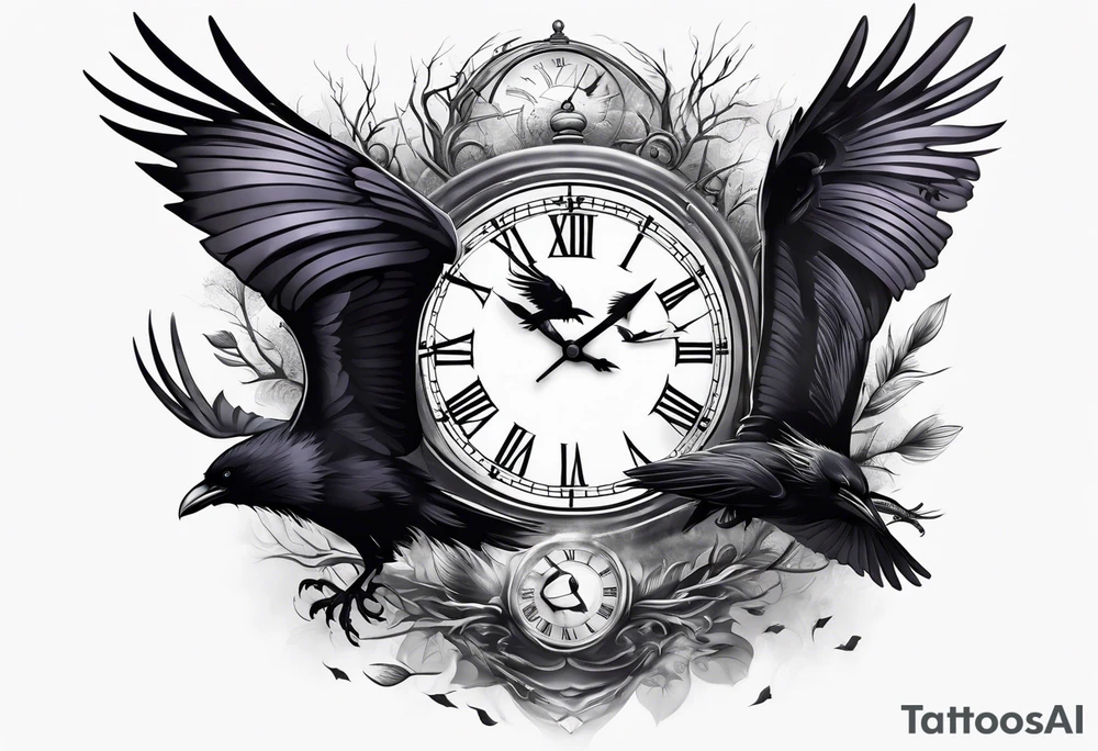 full sleeve tattoo with water, ravens, clocks, trees tattoo idea