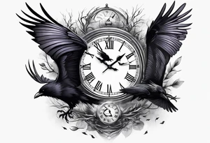 full sleeve tattoo with water, ravens, clocks, trees tattoo idea