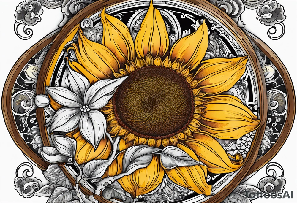 Sunflower, paisley, moon, 3 old fashioned pocket watches, witch tattoo idea