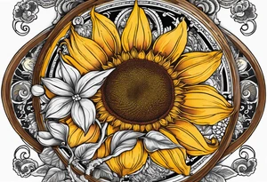 Sunflower, paisley, moon, 3 old fashioned pocket watches, witch tattoo idea