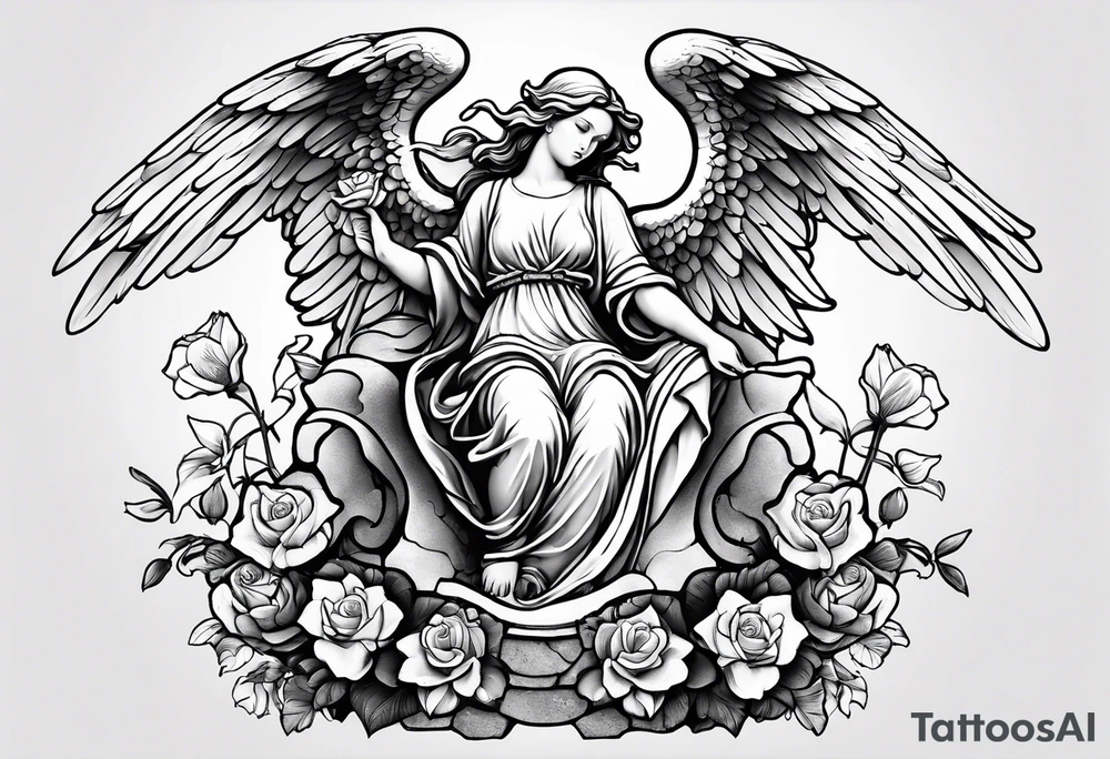 Angel statue stood on a rock with daffodils and roses wrapped around its legs tattoo idea