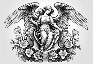 Angel statue stood on a rock with daffodils and roses wrapped around its legs tattoo idea