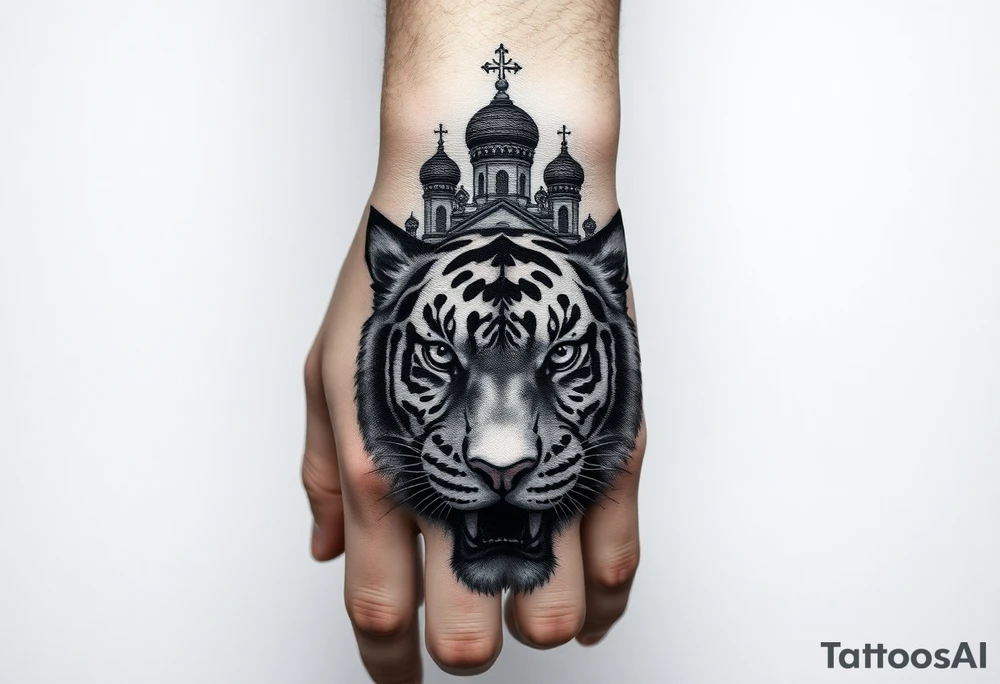 in a dorsal view of the hand and forearm a tiger face on the hand with black hollowed eyes, then above this a orthodox church shrouded with a mist and fading into a virgin mary overlooking tattoo idea