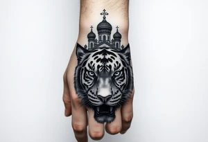 in a dorsal view of the hand and forearm a tiger face on the hand with black hollowed eyes, then above this a orthodox church shrouded with a mist and fading into a virgin mary overlooking tattoo idea