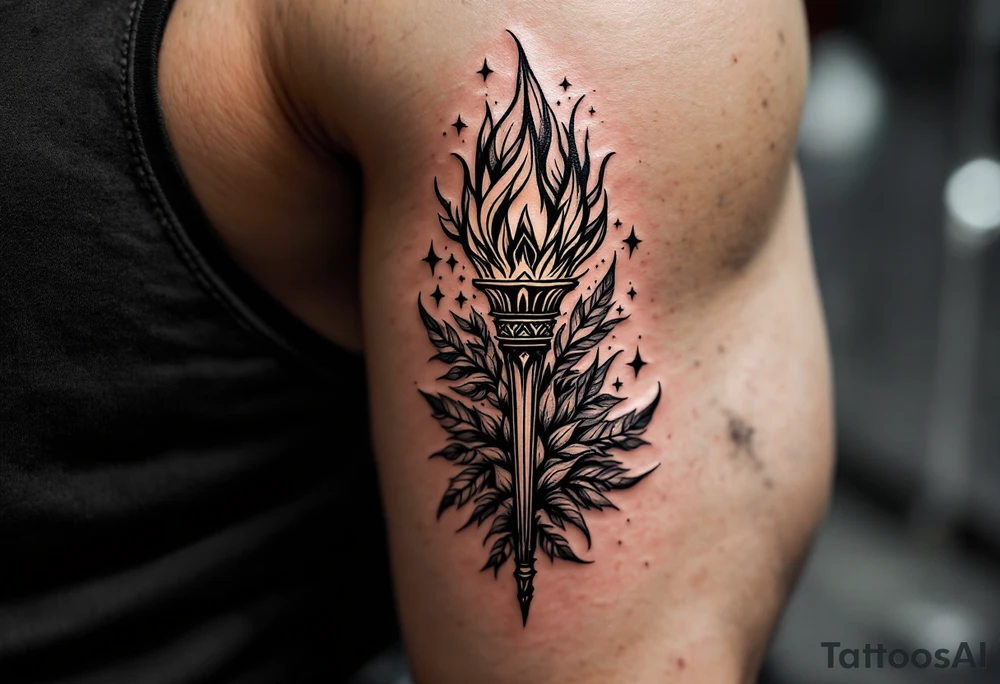 Leadership torch with a background of a lot of fig leaves tattoo idea