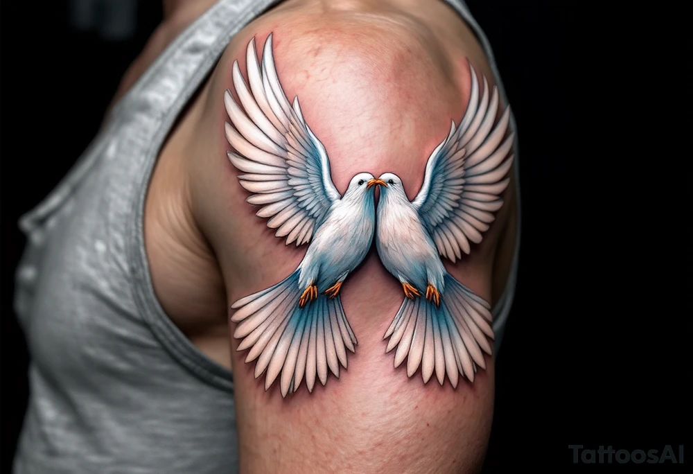 A pair of 3D doves with outstretched wings, their feathers detailed in soft whites and subtle blues, symbolizing peace and unity. tattoo idea