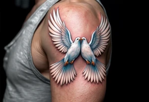 A pair of 3D doves with outstretched wings, their feathers detailed in soft whites and subtle blues, symbolizing peace and unity. tattoo idea