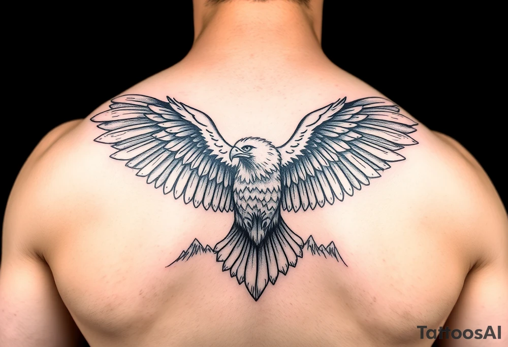 majestic eagle spreading wings against mountain peaks tattoo idea