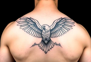majestic eagle spreading wings against mountain peaks tattoo idea